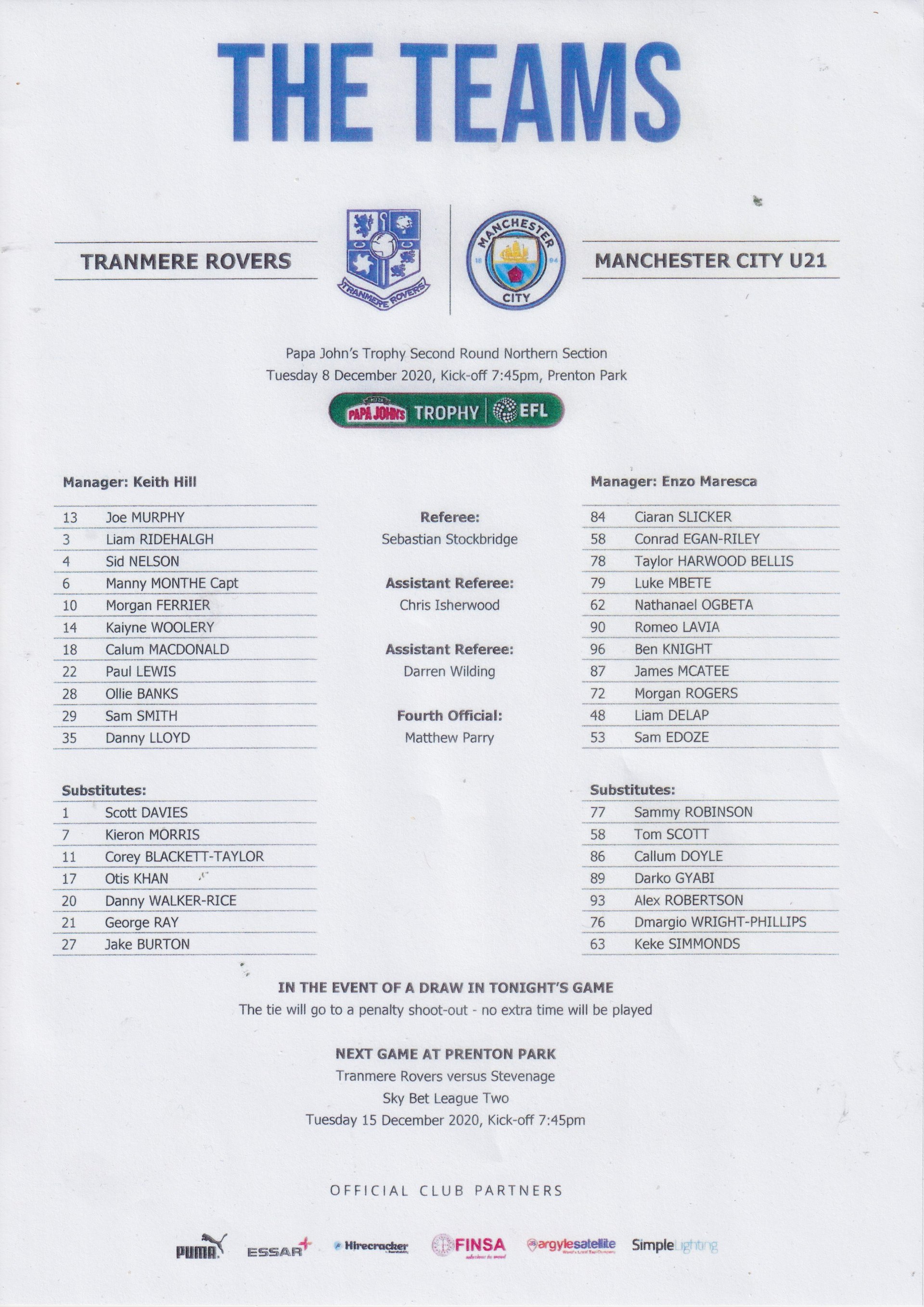 Tranmere Rovers v Man City U21 match programme